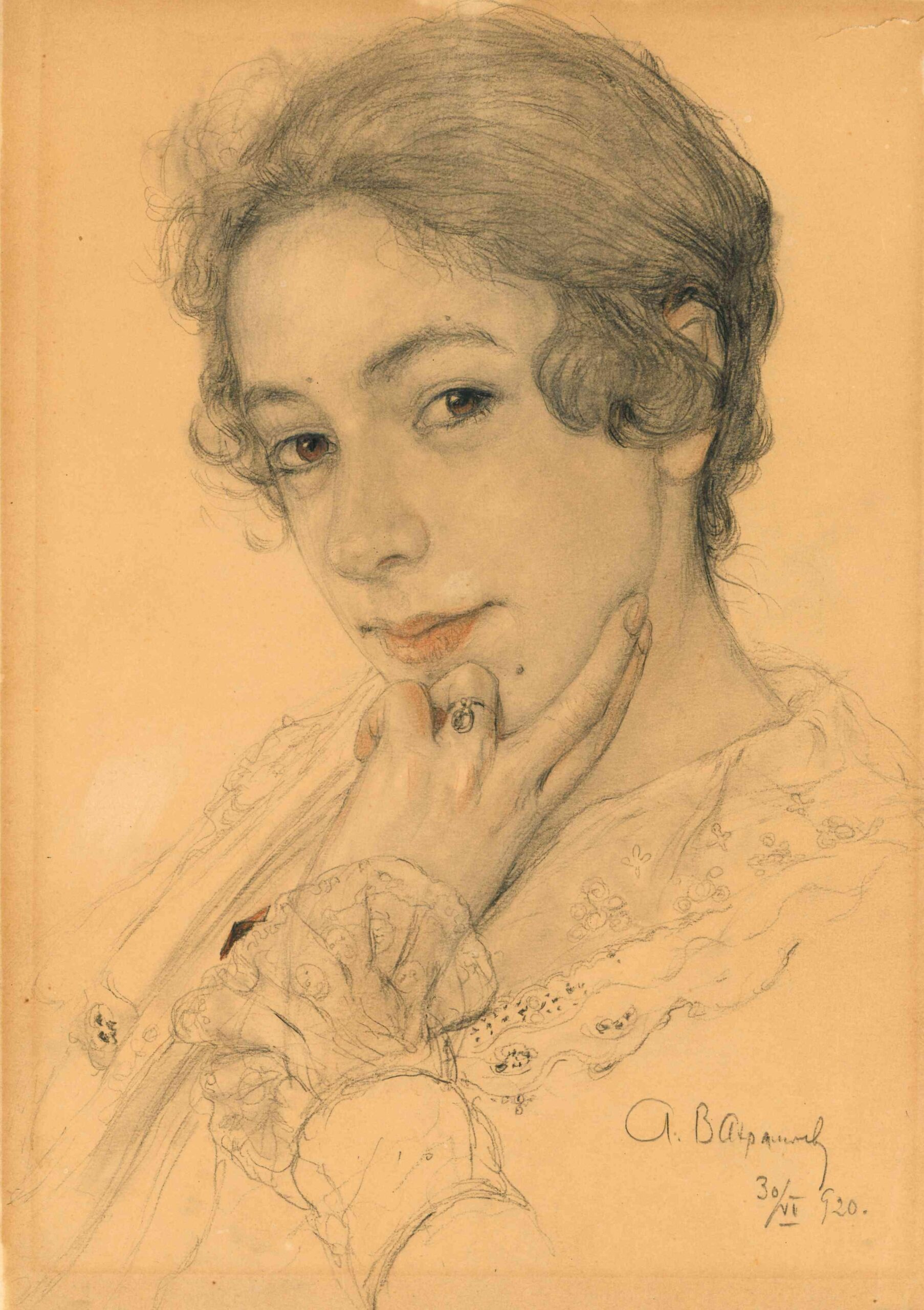 Портрет Людмилы Ивановны Долинской (в три четверти), 1920 Бумага, карандаш, акварель. 35 × 25,5. Из коллекции О. А. Флоренской