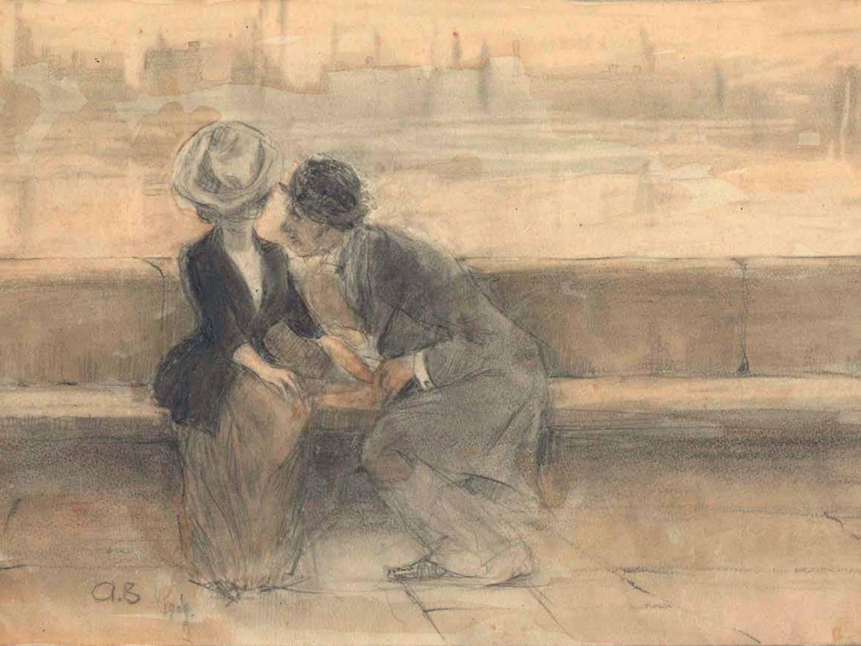 Свидание на набережной, 1909–1912. Бумага, акварель. 21,4 × 31,2. ЦГАЛИ СПб.